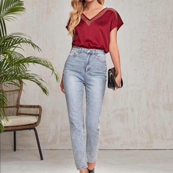 Boho blue batwing sleeve mesh insert blouse - Picture 8 of 15